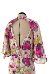Spectacular 1930s Pink Tulip Printed Bias Cut Silk Chiffon Floral Print Dress w Caped Back