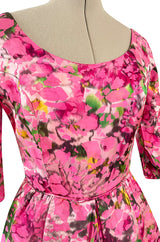 Gorgeous 1960s Jean Louis Pink w Green Floral Raised Silk Brocade Midi Dress