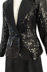 Documented Fall 1992 Yves Saint Laurent Black Sequin 'Le Smoking' Jacket & Silk Maxi Skirt Set