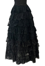 Magnificent 1980s Arnold Scaasi Couture Strapless Tiered Black French Lace Dress