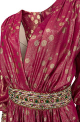 1980s Adele Simpson Pink & Gold Metallic Lame Beaded Dress w Beading