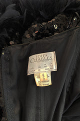 1970s Strapless Black Sequin Micro Mini Dress w Feather Hem