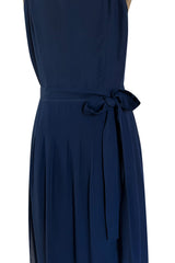 Chic 1970s Christian Dior by Marc Bohan Minimalist Blue Silk Chiffon Drop Waist Dress