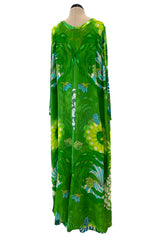 Phenomenal Early 1970s La Mendola Green Silk Jersey Caftan Dress w Silk Chiffon Overlay
