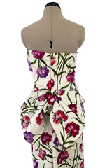 Beautiful 1950s Philip Hulitar Couture Brilliant Floral on Ivory Print Silk Strapless Dress