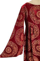 1930s Franco Bertoli Hand Painted Gold Patterned Caftan Dress on A Deep Red Silk Velvet