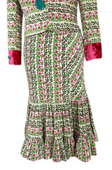 Fall 2005 Kenzo Defile Printed Pink & Green Floral Velvet Suit w Contrasting Lining