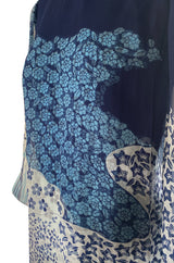 1970s Hanae Mori Silk Chiffon Deep Blue Floral & Water Print Dress