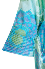 Gorgeous 1970s Pierre Balmain Soft Green and Blue Printed Thai Silk Caftan Dress or Evening Coat
