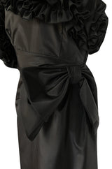 1980s Morton Myles Dramatic Ruffled and Bowed One Shoulder Dress