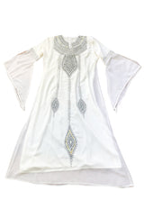 1970s Elaborate Silver, Pearl & Bead Covered Jeweled White Chiffon Caftan Dress
