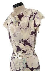 Rare Dated 1934 Bias Cut Soft Purple and Ivory Floral Print Silk Dress & Jacket w MOP Belt