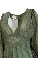 1970s Ossie Clark Metallic Green & Silver Lurex Knit Lame Plunge Dress
