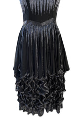 Late 1970s Oleg Cassini Extensively Beaded & Panelled Skirt Black Silk Chiffon Dress