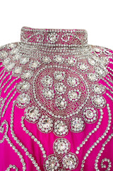 1980s Elaborate Crystal Covered Vibrant Pink Chiffon Caftan Dress