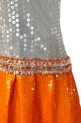 Early 1980s Andre Laug Alta Moda Numbered Couture Grey & Orange Sequin Dress