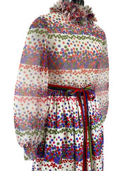 1970s Mollie Parnis Balloon Sleeve Confetti Print Silk Twill & Silk Chiffon Dress w Ruffled Collar