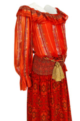 Late 1970s Oscar De La Renta Ribbon Silk Chiffon Four Piece Coral Skirt Set