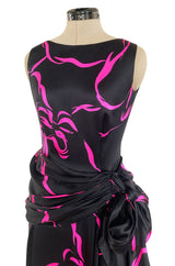 Fall 1985 Unlabeled Ady Couture for YSL Black Silk Hip Swag Dress w Pink Bow Print
