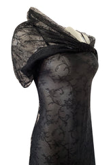 Incredible 2000s John Galliano Fine Black Lace Dress w Train & High Collar