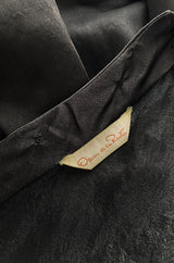 1980s Oscar De La Renta Black Silk Taffeta Dropped Waist Full Skirt Dress w Button Back