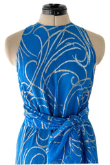 Extraordinary Fall 1979 Christian Dior by Marc Bohan Blue Silk Dress w Metallic Gold & Silver Detail