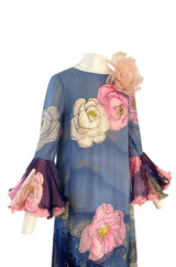 Incredible 1970s Hanae Mori Flower Print Dress w Original Flower Pin & Stunning Sleeves
