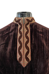 Late 1960s Oscar de la Renta Deep Brown Flat Velvet & Brocade Dress w Slit Sleeves & Lace Belt