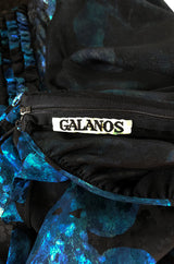 1970s James Galanos Backless Blue Floral Print Ruffled Silk Dress