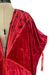 Rare 1977 Thea Porter Couture Documented Cherry Red Fused Velvet Open Front Abaya Caftan