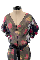 Prettiest 1930s Bias Cut Transparent Floral Print Silk Crepe Chiffon Dress w Capped Sleeves