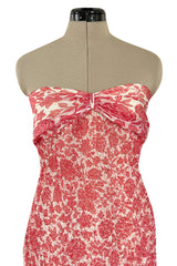 1982 Guy Laroche Haute Couture Floral Print Silk Chiffon Strapless & Caped Back Dress