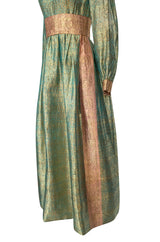 1960s George Halley Gold Metallic Blue-Green & Dusty Pink Lame Dress