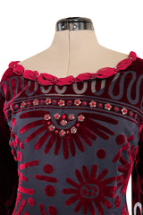Gorgeous 1980s Zandra Rhodes Deep Red Cut Velvet Caftan Dress w Beaded Detailing