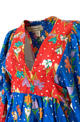 1960s Young Innocents by Arpeja Red & Blue Cotton Floral Print Caftan Dress