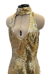 Rare Spring 1973 Loris Azzaro Ad Campaign Documented Gold Metallic Sequin Backless Halter Dress
