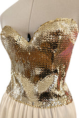 Glamorous 1976 Loris Azzaro Couture Strapless Metallic Gold Sequin & Silk Satin Dress