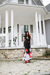 1970s Malama Hawaii Bright Red Floral Jersey Black Dress