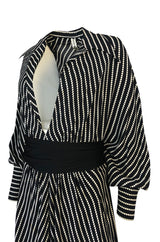 1980s Bernard Perris Black and White Kimono Plunging Caftan Dress