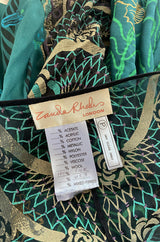 1980s Zandra Rhodes Hand Painted Shell & Floral Green Silk Caftan Dress
