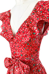 Prettiest 1970s Oscar de la Renta Tiered & Ruffled Tiny Floral Red Dress
