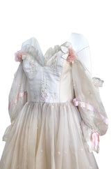 1980s Emanuel Custom Fairy Tale Embroidered & Ribboned Silk Organza Dress