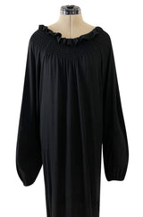 Gorgeous 1970s Givenchy Black Silk Crepe Jersey Dress w Gathered Neckline & Pouf Sleeves