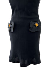 Incredible 1990s Gemma Kahng Black Backless Mini Dress w Bow & Gold Button Detailing