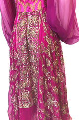 c1969 Thea Porter Couture Gold Brocade & Silver Metal Embroidered Fuchsia Dress