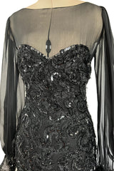 Gorgeous 1980s Loris Azzaro Black Silk Chiffon & Sequin Ribbon Detail Dress
