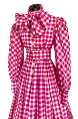 Spectacular Early 1960s Norman Norell Pink Gingham Silk Taffeta Dress w Bow & Pouf Sleeves
