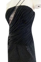 1970s James Galanos Couture Textured Puff Silk One Shoulder Dress w Transparent Lace Inset