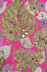 1960s Kiki Hart Silver, Gold & Pink Silk Brocade Dress w Rhinestone Detailing