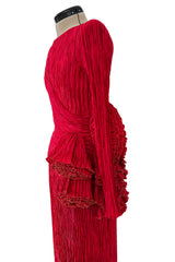 Runway Fall 1988 Mary McFadden Couture Red Pleated Dress w Gold Edged Ruffle Detailing